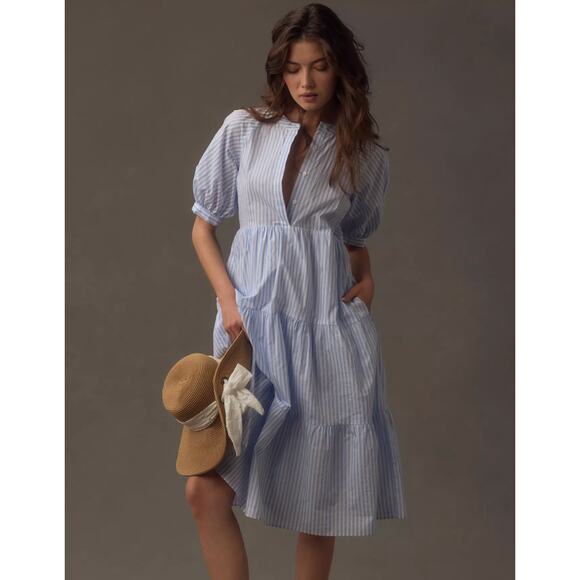 English Factory Puff-Sleeve Tiered blue stripe Midi Dress - Picture 1 of 8
